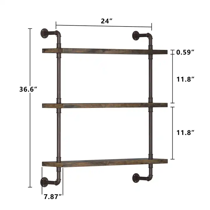 Custom Industrial Water Pipe Floating Shelves Wood & Metal Wall Mounted Shelves