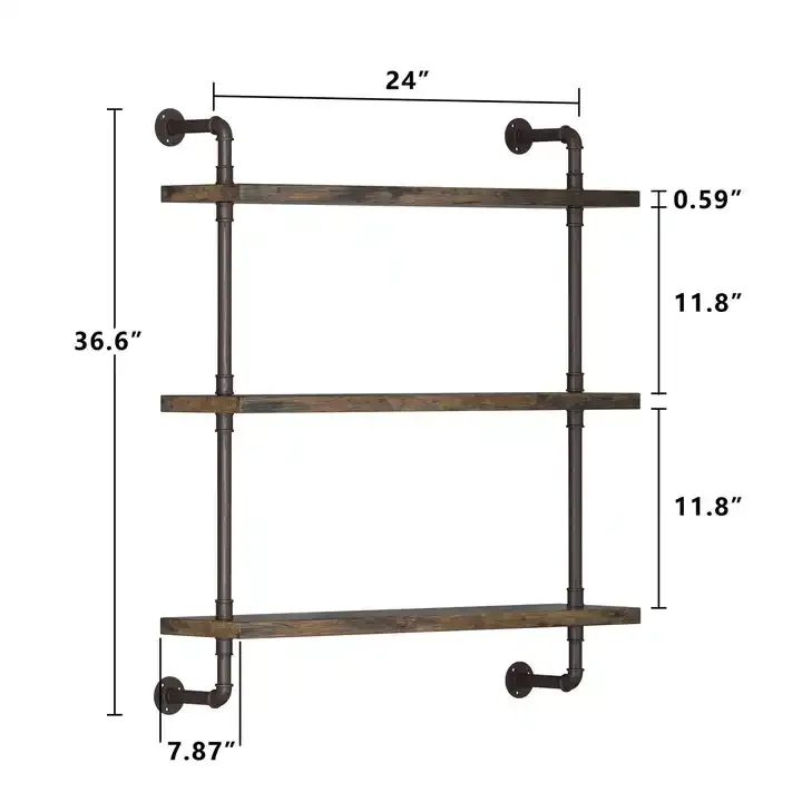 Custom Industrial Water Pipe Floating Shelves Wood & Metal Wall Mounted Shelves