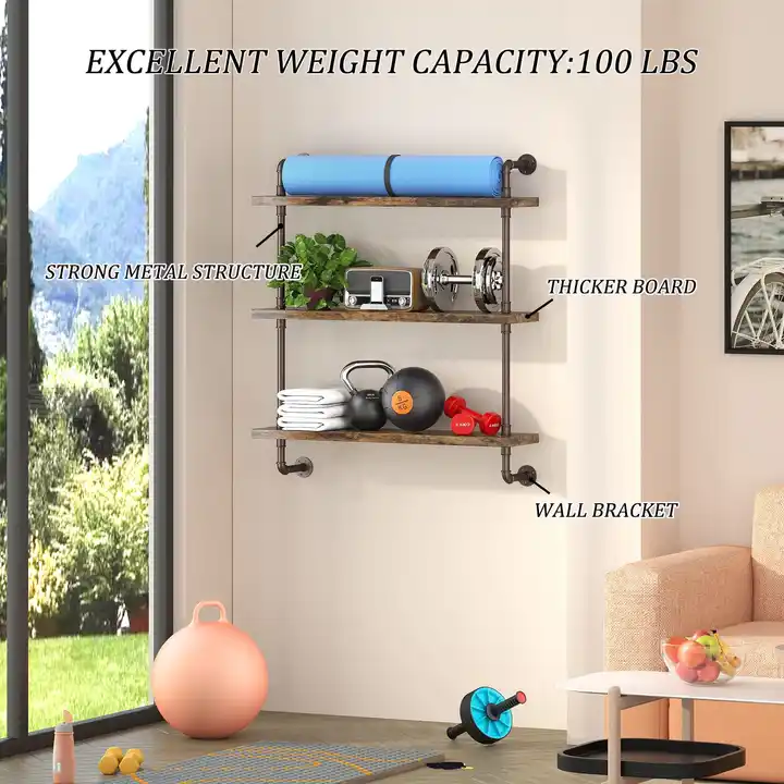 Custom Industrial Water Pipe Floating Shelves Wood & Metal Wall Mounted Shelves