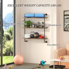 Custom Industrial Water Pipe Floating Shelves Wood & Metal Wall Mounted Shelves