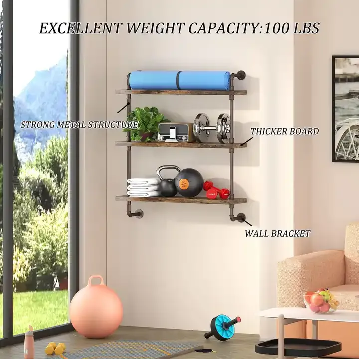 Custom Industrial Water Pipe Floating Shelves Wood & Metal Wall Mounted Shelves