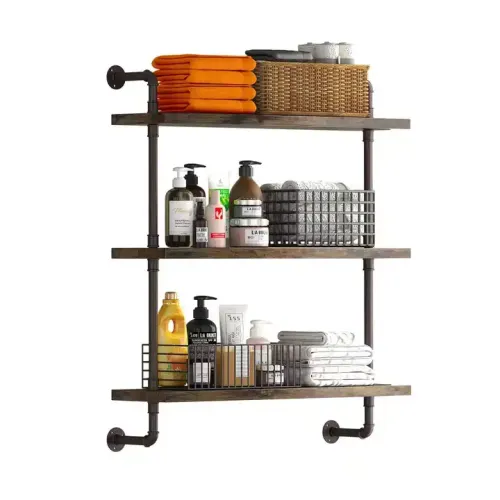 Custom Industrial Water Pipe Floating Shelves Wood &amp; Metal Wall Mounted Shelves