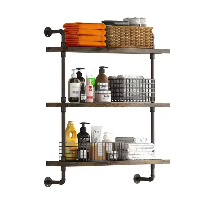 Custom Industrial Water Pipe Floating Shelves Wood & Metal Wall Mounted Shelves