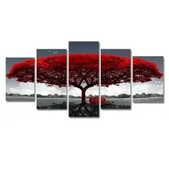 Wholesale Red Big Tree Quintet Wall Art Unframed Canvas Wall Artwork