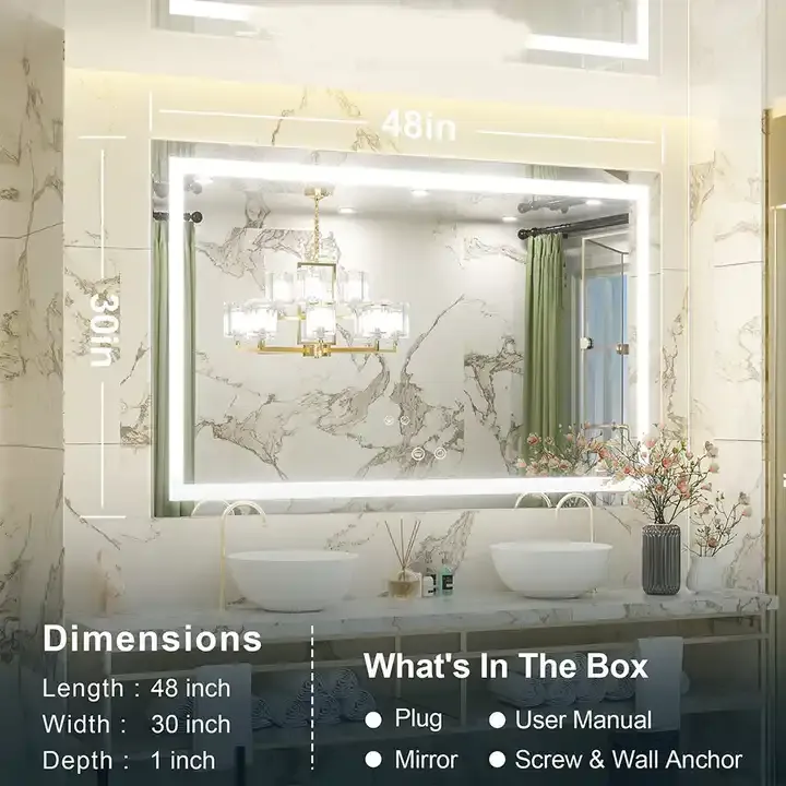 Customized Modern Large Mirror Wall Mounted LED Anti Fog High Definition Smart Bathroom Makeup Mirror