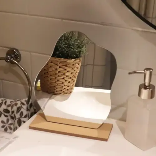 Customized Wooden Base Mirror Frameless Irregular Vanity Mirror