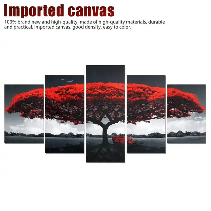 Wholesale Red Big Tree Quintet Wall Art Unframed Canvas Wall Artwork