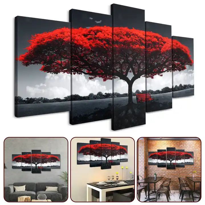 Wholesale Red Big Tree Quintet Wall Art Unframed Canvas Wall Artwork