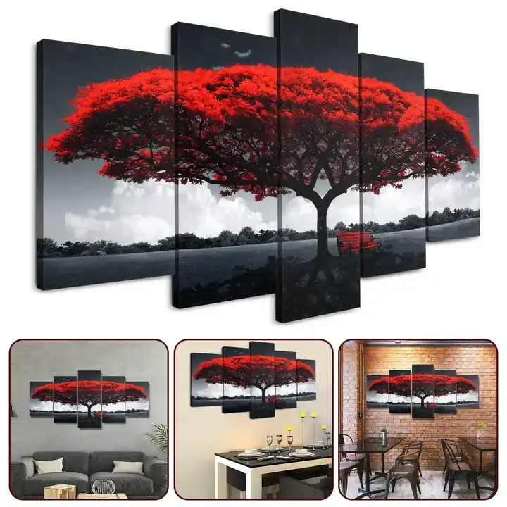 Wholesale Red Big Tree Quintet Wall Art Unframed Canvas Wall Artwork