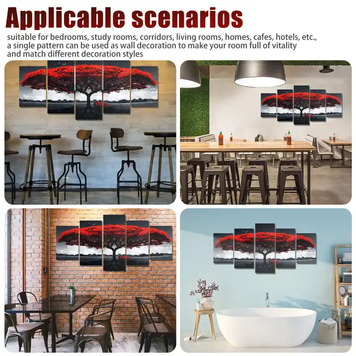Wholesale Red Big Tree Quintet Wall Art Unframed Canvas Wall Artwork
