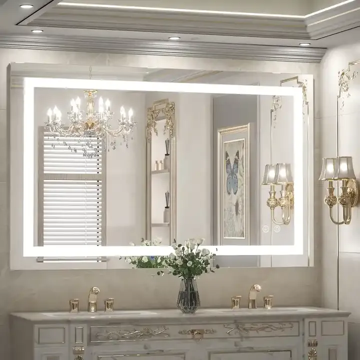 Customized Modern Large Mirror Wall Mounted LED Anti Fog High Definition Smart Bathroom Makeup Mirror
