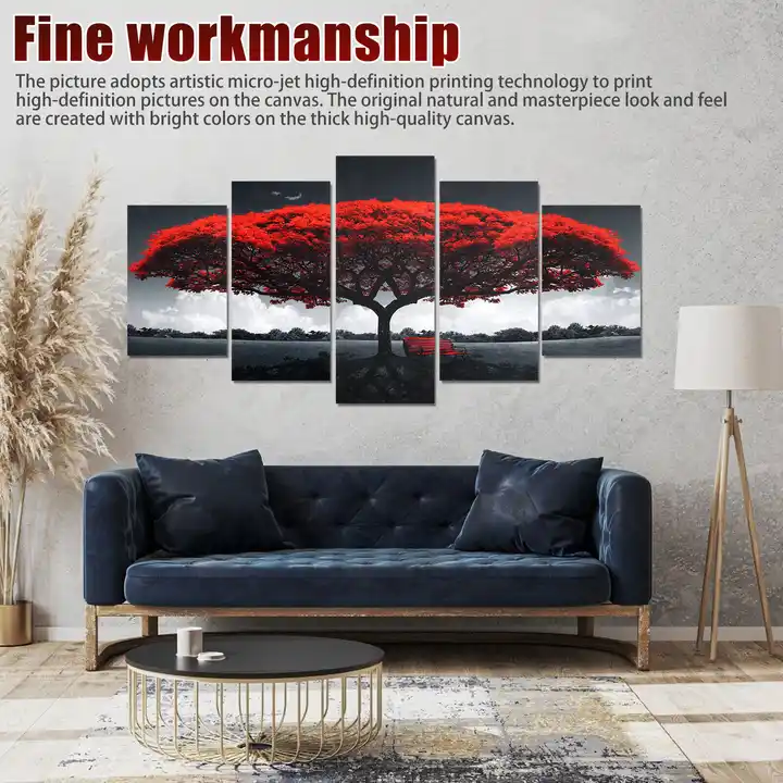 Wholesale Red Big Tree Quintet Wall Art Unframed Canvas Wall Artwork