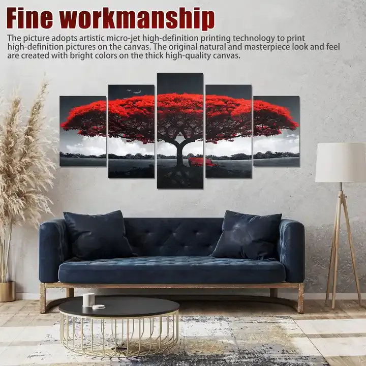 Wholesale Red Big Tree Quintet Wall Art Unframed Canvas Wall Artwork