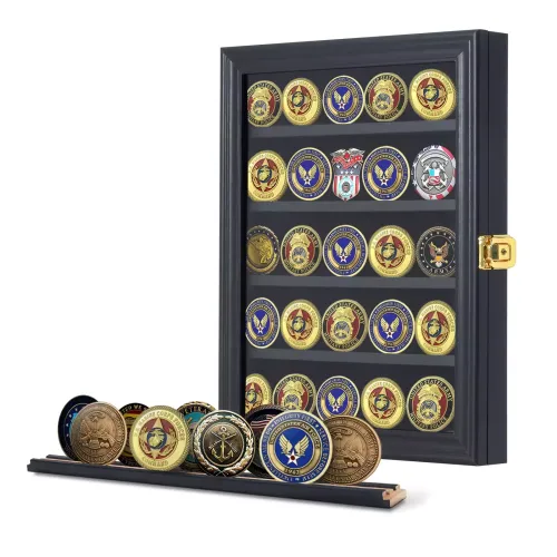 Custom Challenge Coin Display Case, Lockable Wooden Shadow Box with Removable Grooves