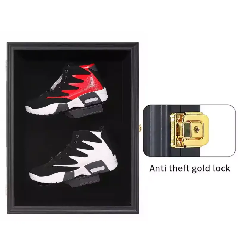 Customized Lockable Solid Wooden Shoe Display Shadow Box, UV Resistant Sneaker Display Cabinet