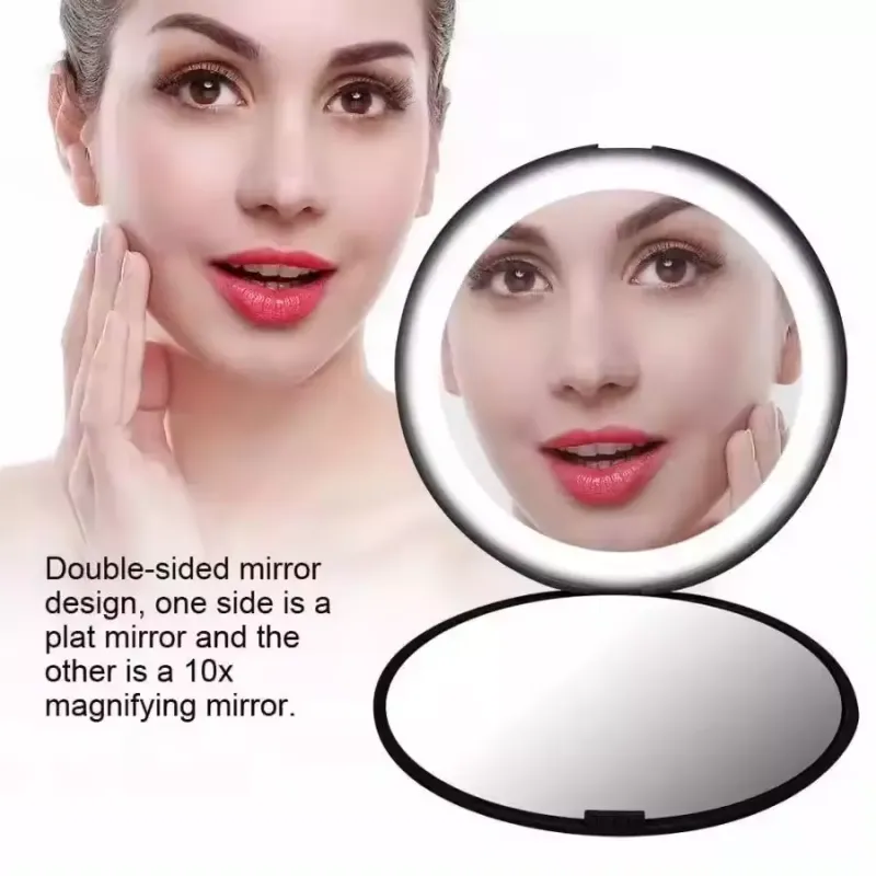 Customized Folding LED Makeup Mirror with Light, Round Beauty Mirror Double Sided 2x Magnifying Handheld Mirror