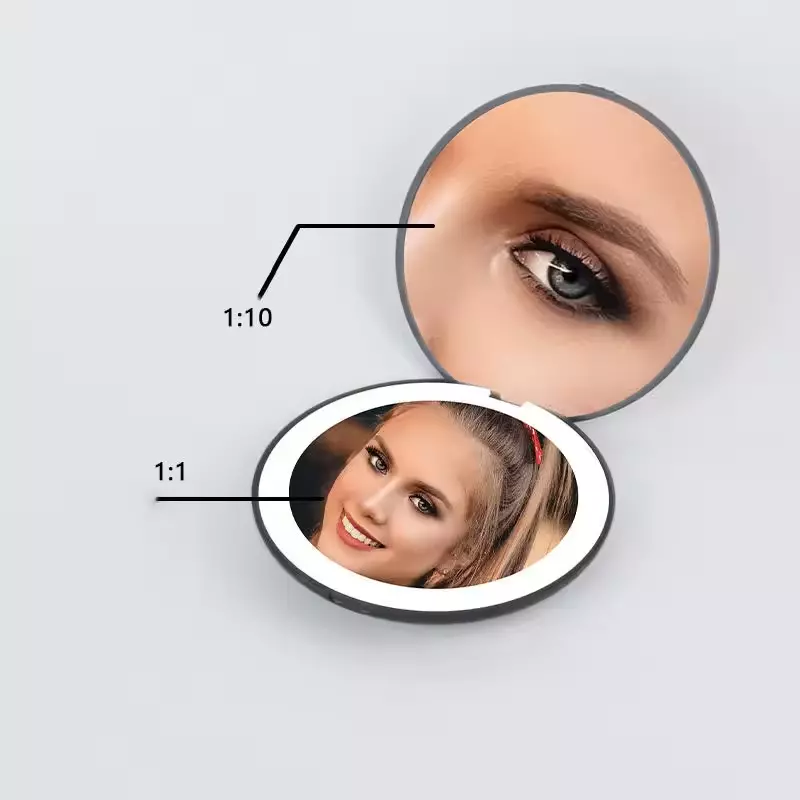 Customized Folding LED Makeup Mirror with Light, Round Beauty Mirror Double Sided 2x Magnifying Handheld Mirror