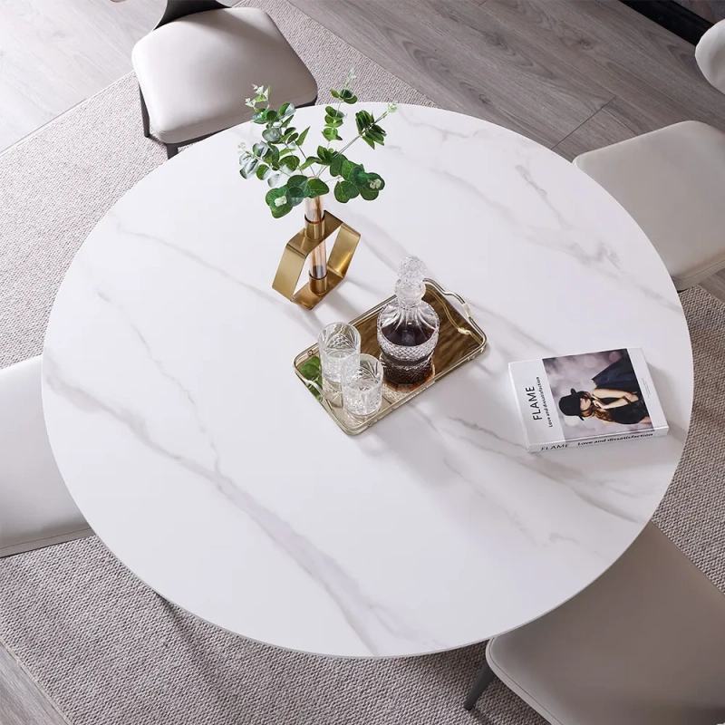 47.24"Modern Minimalist Tulip Pedestal Round Dining Table for 4-6 wish White Matte Sintered Stone Tabletop, Stainless Steel Base