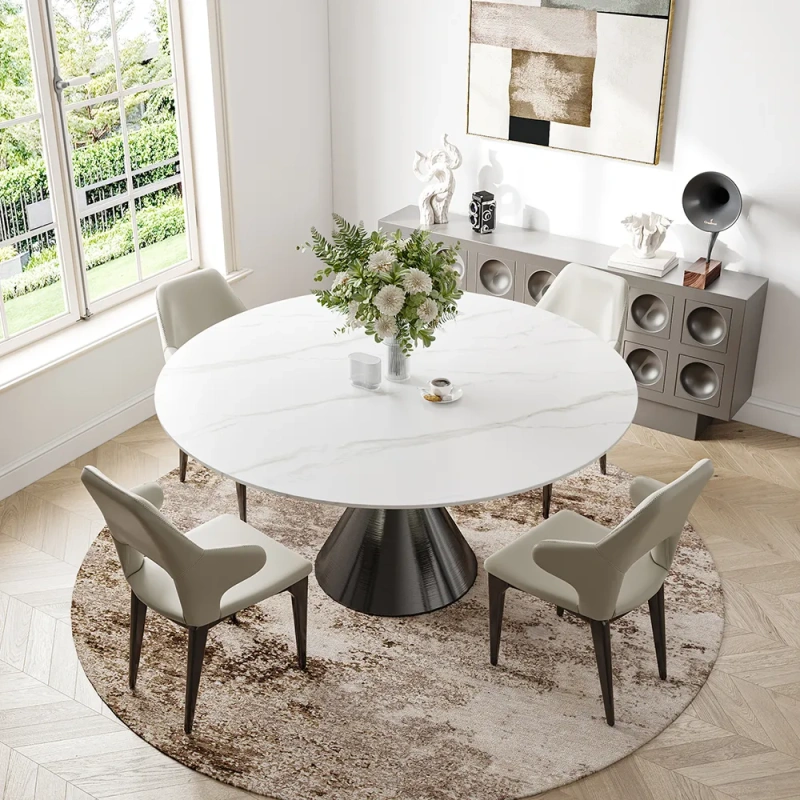 47.24"Modern Minimalist Tulip Pedestal Round Dining Table for 4-6 wish White Matte Sintered Stone Tabletop, Stainless Steel Base