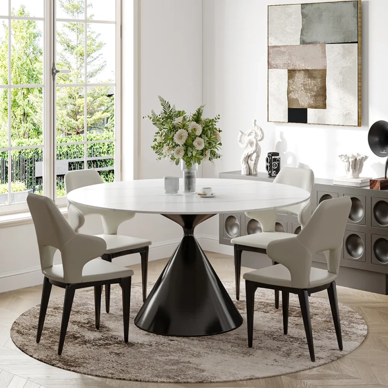 47.24"Modern Minimalist Tulip Pedestal Round Dining Table for 4-6 wish White Matte Sintered Stone Tabletop, Stainless Steel Base