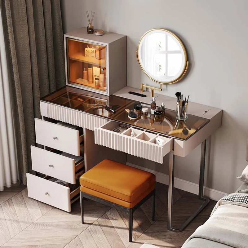 Modern Minimalist Makeup Vanity Table Set wish LED Mirror, Tempered Glass Tabletop, 5 Drawers, Stool, Pink, 47.2"