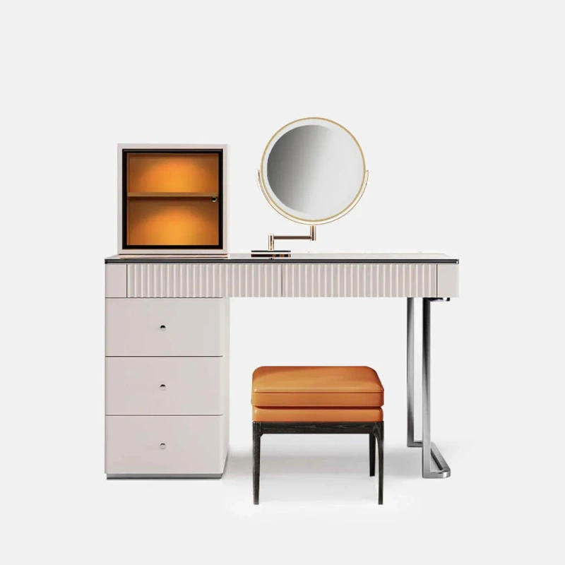 Modern Minimalist Makeup Vanity Table Set wish LED Mirror, Tempered Glass Tabletop, 5 Drawers, Stool, Pink, 47.2"