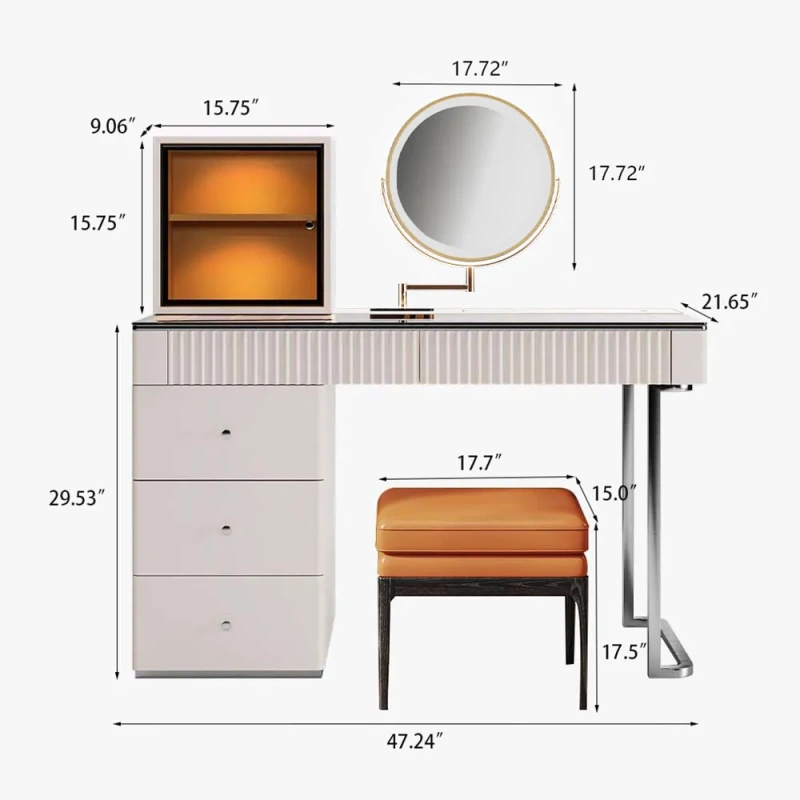 Modern Minimalist Makeup Vanity Table Set wish LED Mirror, Tempered Glass Tabletop, 5 Drawers, Stool, Pink, 47.2"