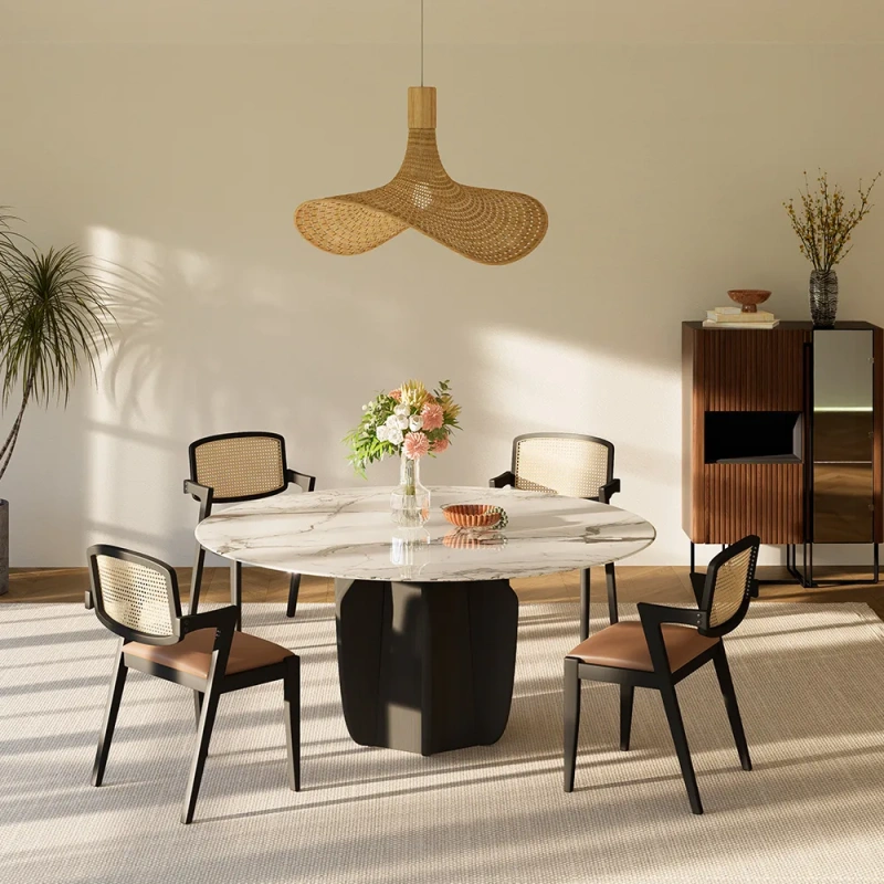 51.18"Mid-Century Modern Round Dining Table for 4 wish White Faux Marble Tabletop, Black Ash Solid Wood Base