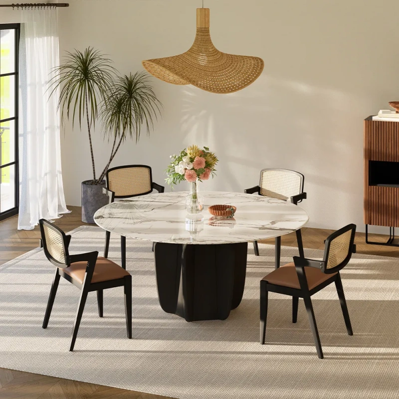 51.18"Mid-Century Modern Round Dining Table for 4 wish White Faux Marble Tabletop, Black Ash Solid Wood Base
