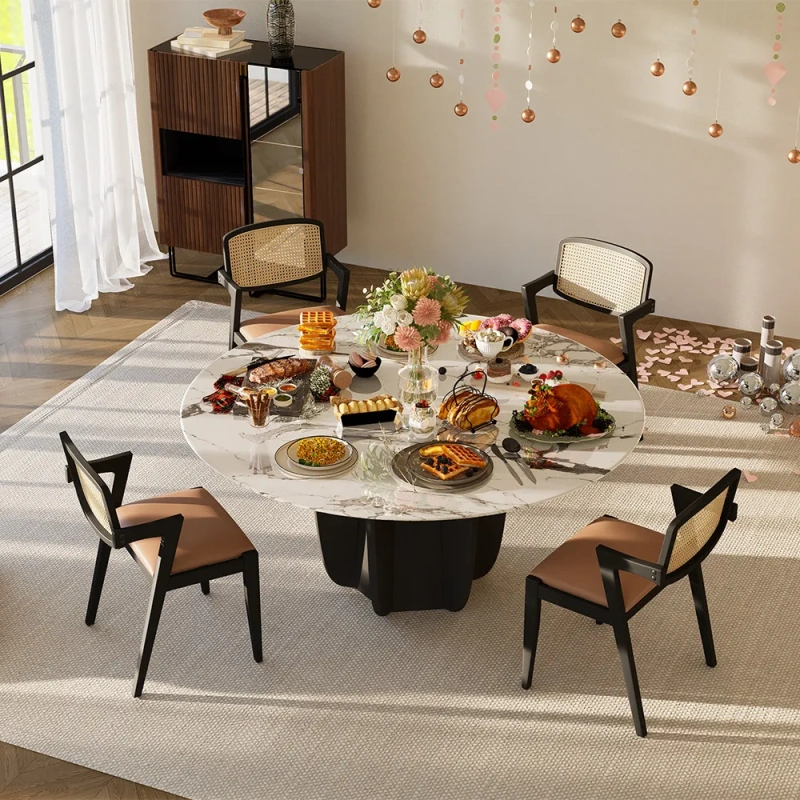 51.18"Mid-Century Modern Round Dining Table for 4 wish White Faux Marble Tabletop, Black Ash Solid Wood Base