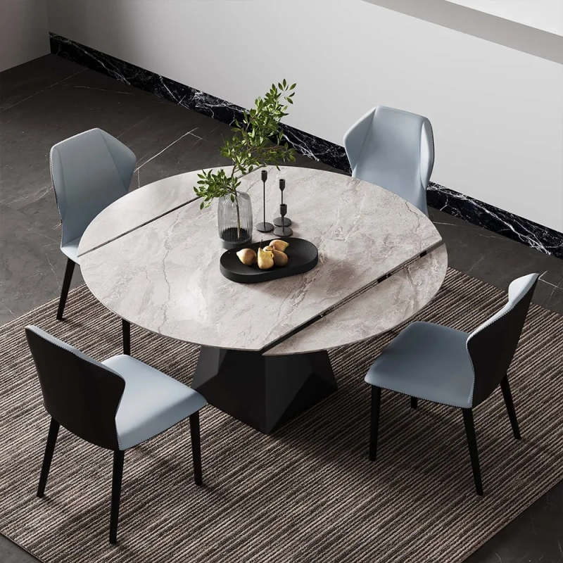 53"Modern Round Extendable Kitchen Dining Table for 2-4 wish Gray Glossy Sintered Stone Tabletop, Gray Carbon Steel Base