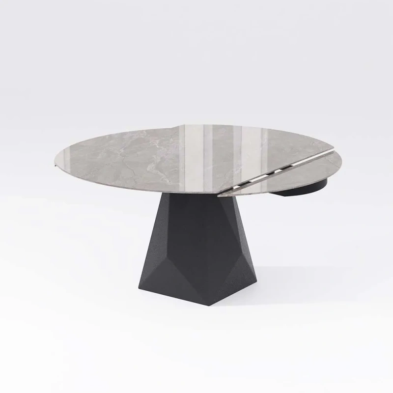 53"Modern Round Extendable Kitchen Dining Table for 2-4 wish Gray Glossy Sintered Stone Tabletop, Gray Carbon Steel Base
