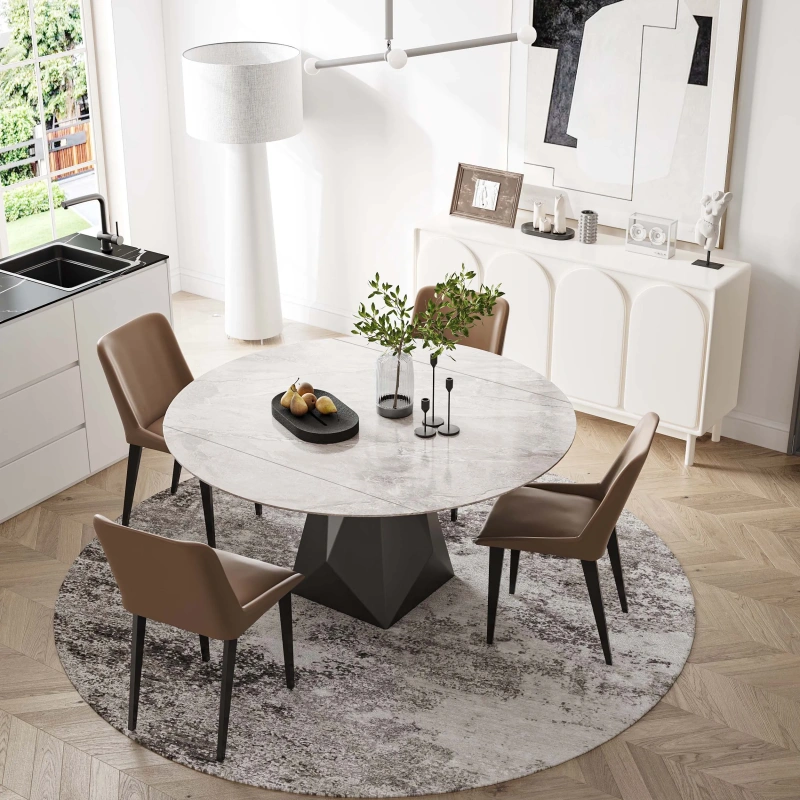 53"Modern Round Extendable Kitchen Dining Table for 2-4 wish Gray Glossy Sintered Stone Tabletop, Gray Carbon Steel Base
