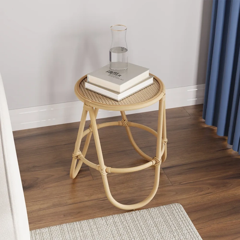16.93" Modern Minimalist Weave Rattan Round Side Table wish Ash Wood, Original Wood Color