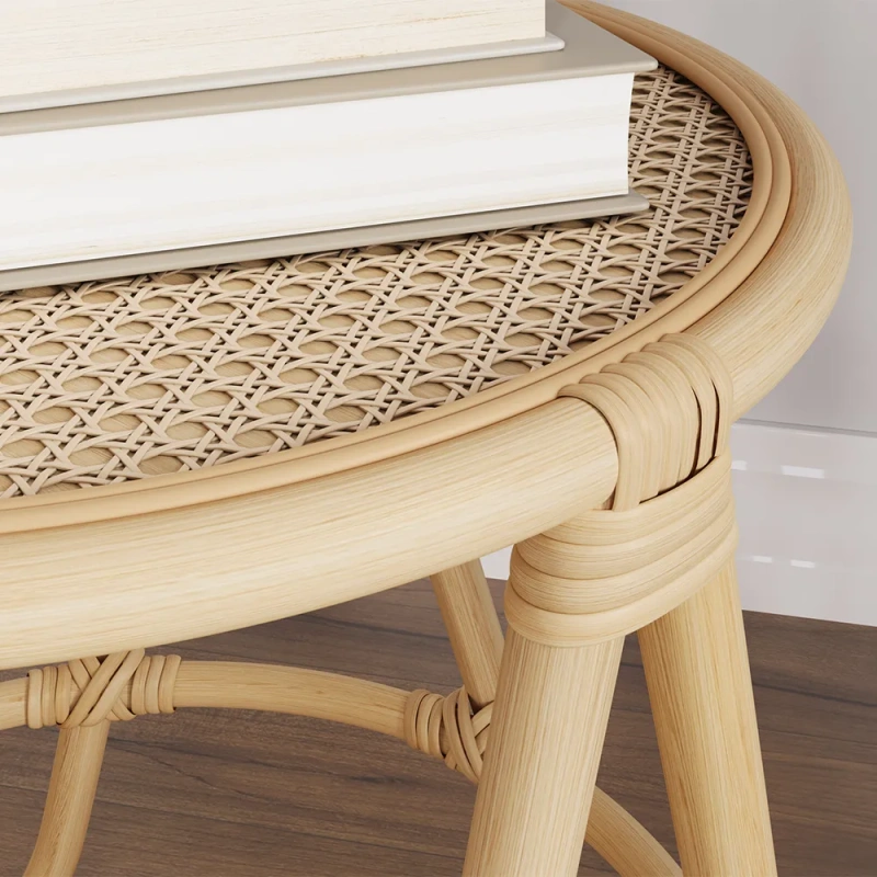 16.93" Modern Minimalist Weave Rattan Round Side Table wish Ash Wood, Original Wood Color