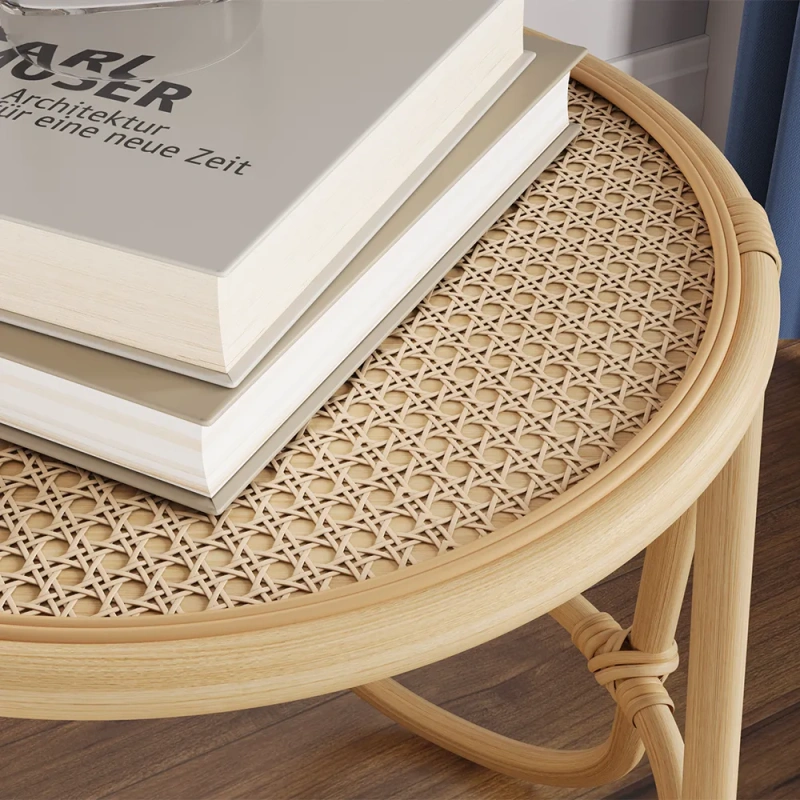 16.93" Modern Minimalist Weave Rattan Round Side Table wish Ash Wood, Original Wood Color