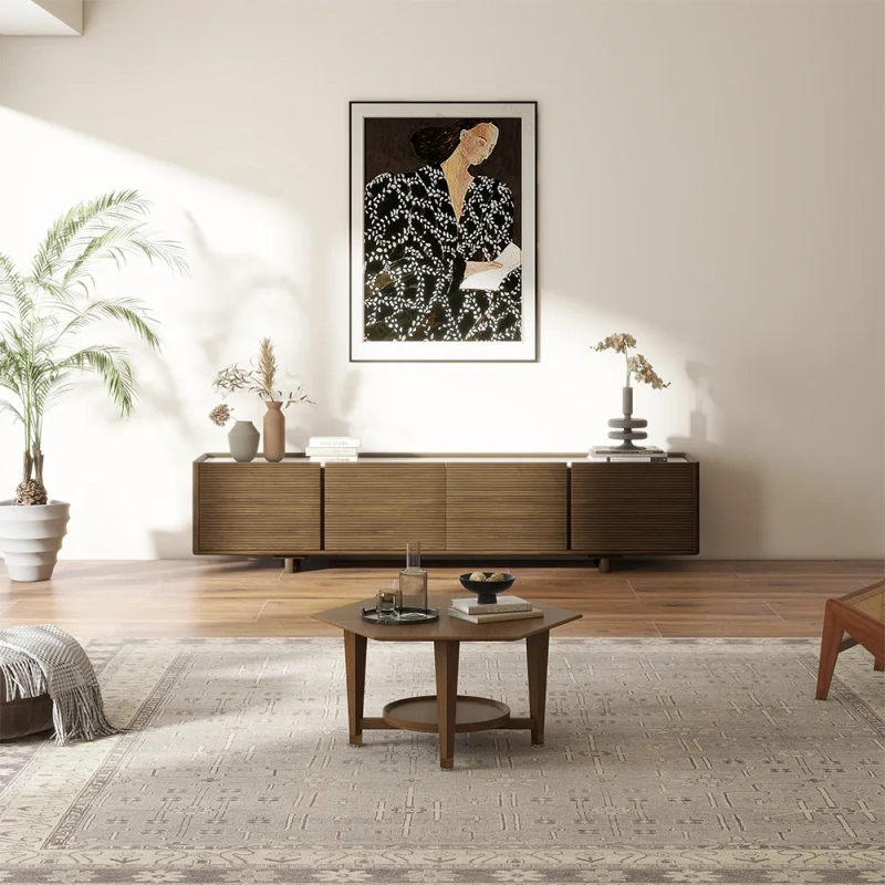 35.43" Modern Luxury Walnut Hexagonal Coffee Table wish Rubber Wood Tabletop with Adjustable Brass Legs