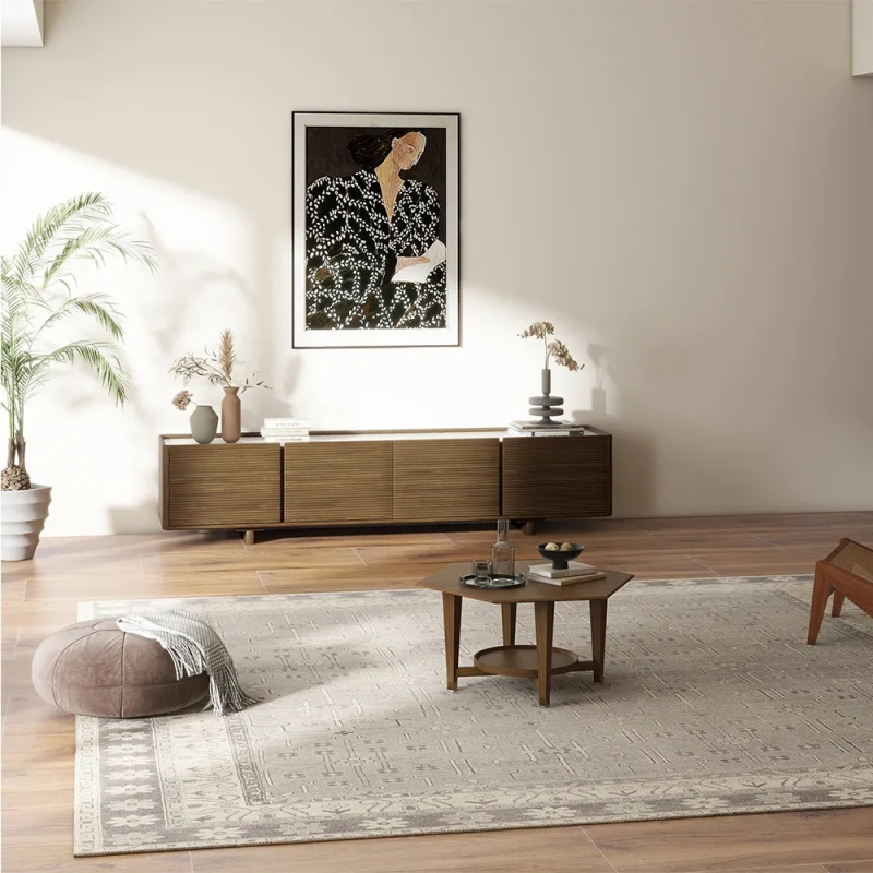 35.43" Modern Luxury Walnut Hexagonal Coffee Table wish Rubber Wood Tabletop with Adjustable Brass Legs