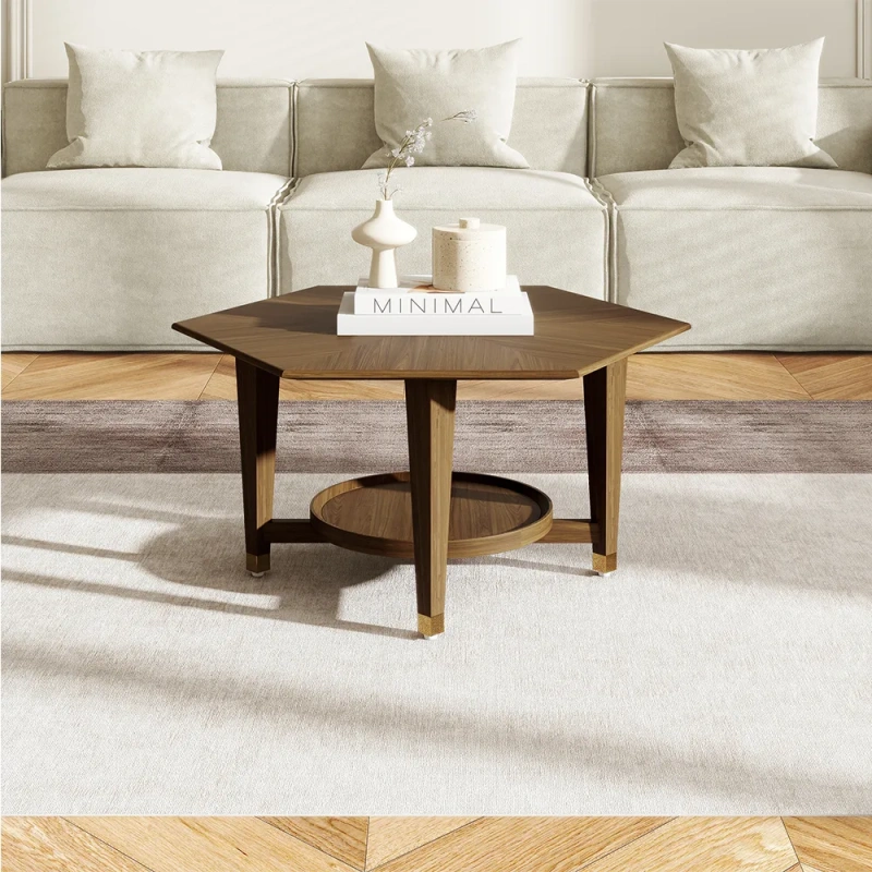 35.43" Modern Luxury Walnut Hexagonal Coffee Table wish Rubber Wood Tabletop with Adjustable Brass Legs