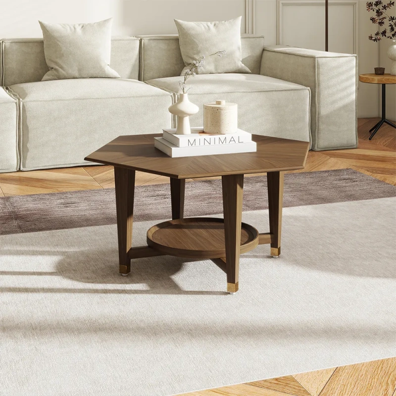 35.43" Modern Luxury Walnut Hexagonal Coffee Table wish Rubber Wood Tabletop with Adjustable Brass Legs