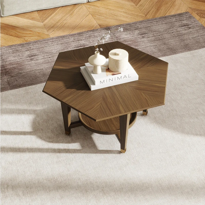 35.43" Modern Luxury Walnut Hexagonal Coffee Table wish Rubber Wood Tabletop with Adjustable Brass Legs