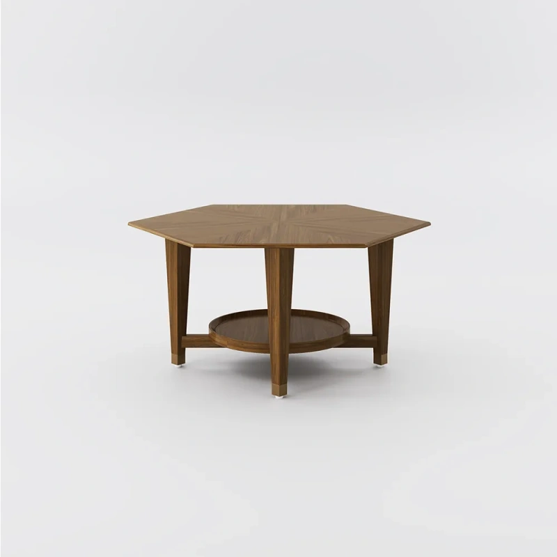 35.43" Modern Luxury Walnut Hexagonal Coffee Table wish Rubber Wood Tabletop with Adjustable Brass Legs