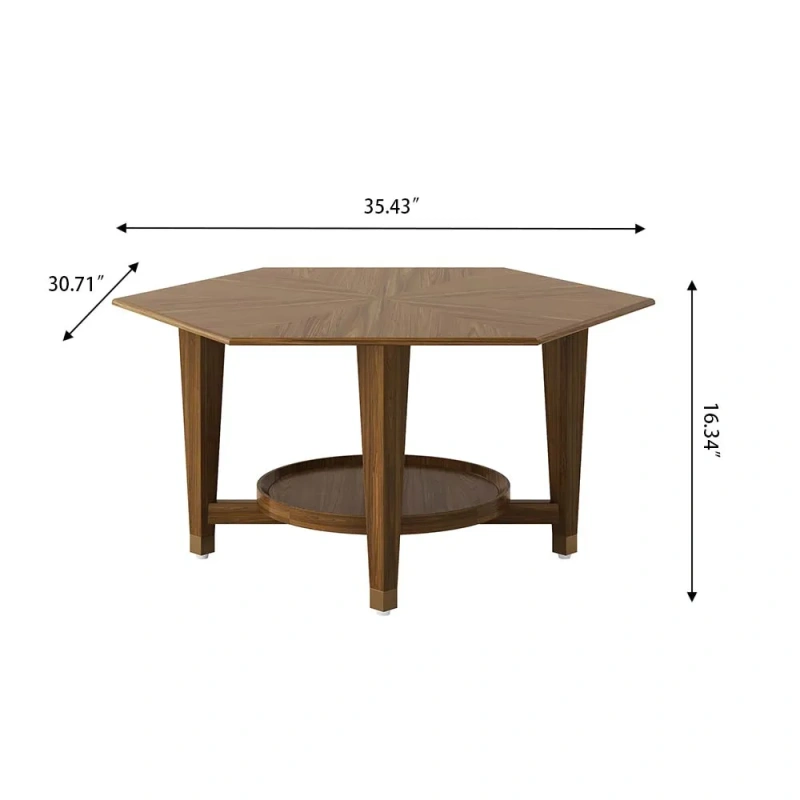 35.43" Modern Luxury Walnut Hexagonal Coffee Table wish Rubber Wood Tabletop with Adjustable Brass Legs