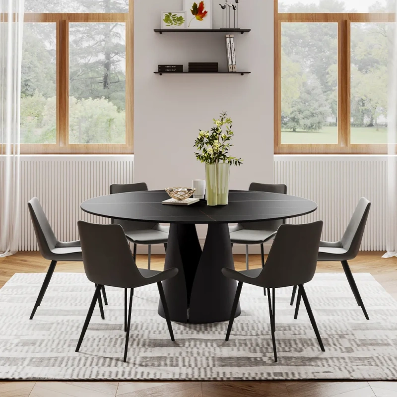 59.06" Modern Black Round Dining Table For 6