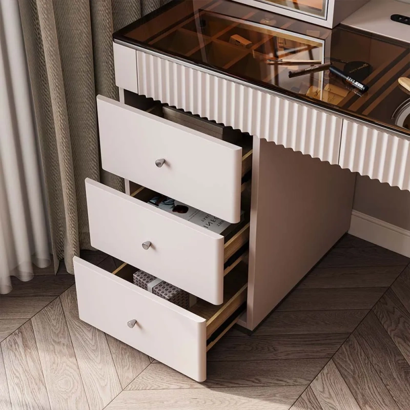 Modern Minimalist Makeup Vanity Table Set wish LED Mirror, Tempered Glass Tabletop, 5 Drawers, Stool, Pink, 47.2"
