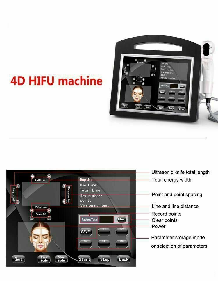 4D hifu machine with 1.5mm , 3.0mm, 4.5mm , 8.0mm , 13.0mm , 16.0mm cartridges, each cartridge has 20000 shots