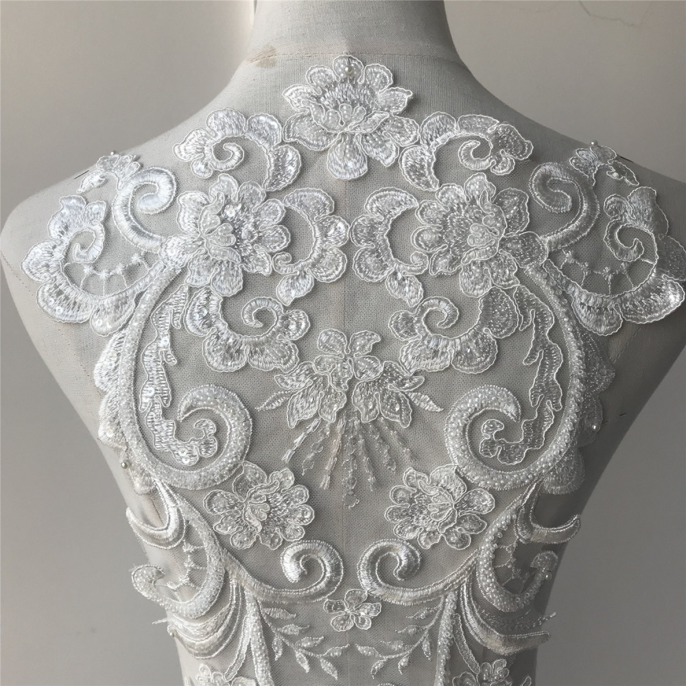 SAP1174 Corded Lace Applique Motif Trims Materials with Beads Crafts Sewing on Bridal Wedding Dress Veils 1 Piece