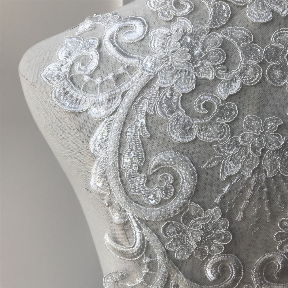 SAP1174 Corded Lace Applique Motif Trims Materials with Beads Crafts Sewing on Bridal Wedding Dress Veils 1 Piece