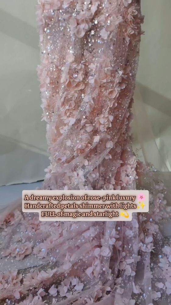 Nude Pink handcrafted petals floral Lace Fabric with Shimmer Stamens