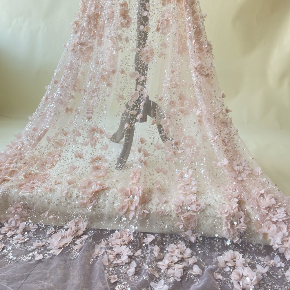 Nude Pink handcrafted petals floral Lace Fabric with Shimmer Stamens